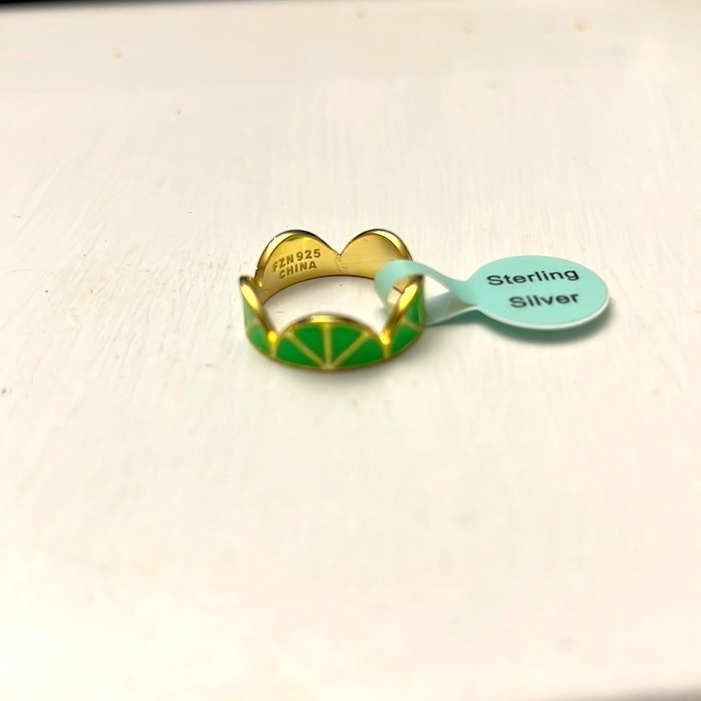 14k Gold Plated Sterling Silver Enamel Citrus Fruit Lime Ring Size 7 NWT